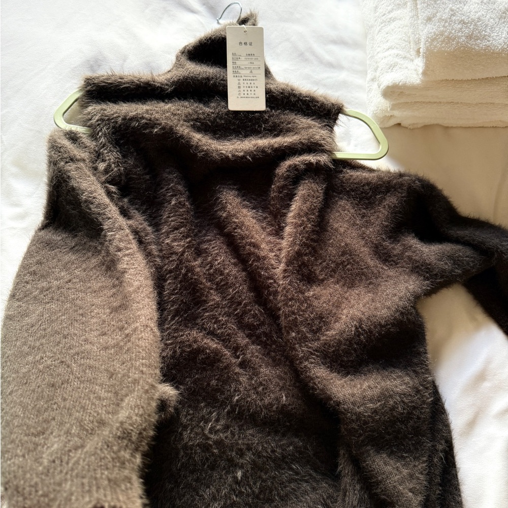 Elegant Brown Women's Turtleneck sleeveless sweater dress and cardigan set